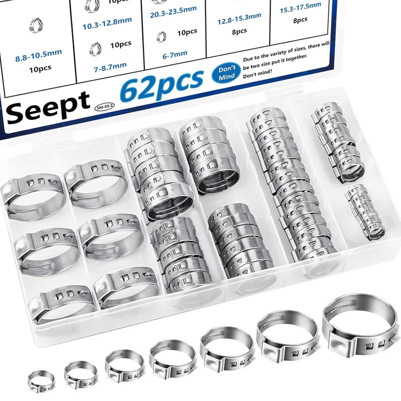 Seept 62Pcs 7 Sizes 304 Stainless Steel Single Ear Hose Clamps 6-23.5mm Crimp Hose Clamps Assortment Kit Perfect for Automotive/Home Appliance/Water Pipe and Fuel Line - Image 1